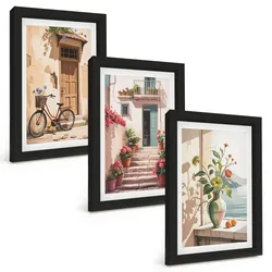 BILDER SET 3er Set - 20x30 cm Schwarzer Rahmen - Straßen, Blumen und Fahrräder