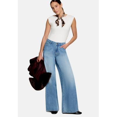 Bequeme Jeans ZERO "Damen fit Jeans mit weitem Bein", Damen, Gr. 34, Normalgrößen, blau (middle blau denim), Denim/Jeans, Obermaterial: 100% Baumwolle, unifarben, lässig geschnitten, Jeans