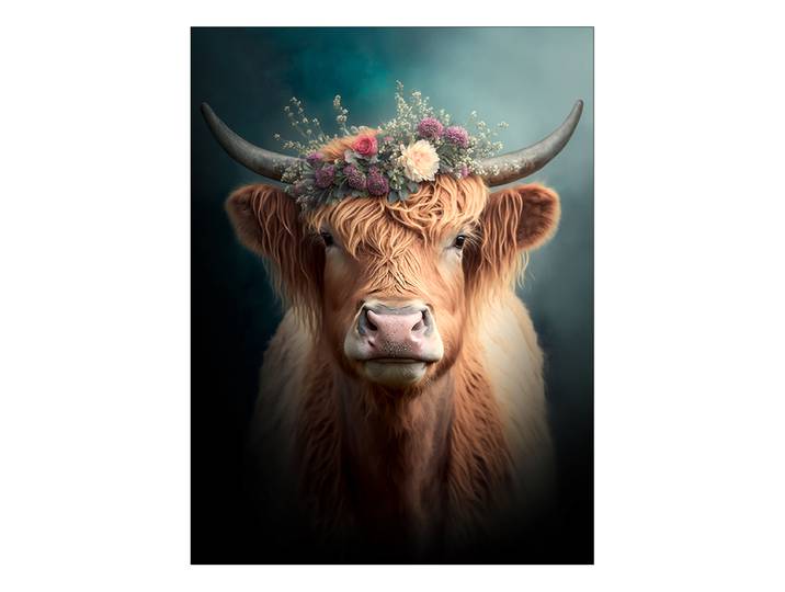 Glasbild Flower Highland Cattle Floatglas Türkis/Braun/Grau 60 x 80 x 1cm