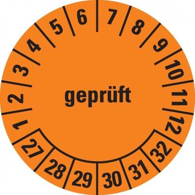 Dreifke® Prüfplakette geprüft 27-32,orange/schwarz,Dokufolie,selbstkl.,Ø30mm,500/Rolle