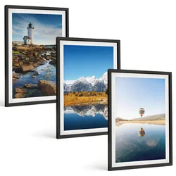 BILDER SET 3er Set - 40x60 cm Schwarzer Rahmen - Naturansichten, Leuchtturm, Berge, Ballonfahrt