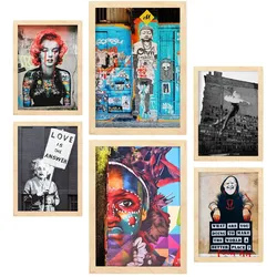 POSTER Set Mit 6 Graffiti A3 & A4 Rahmen Aus Hellem Holz