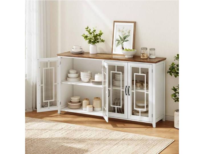 VUENOR buffet de cuisine 160 cm blanc - portes vitrees effet bois anti-basculement