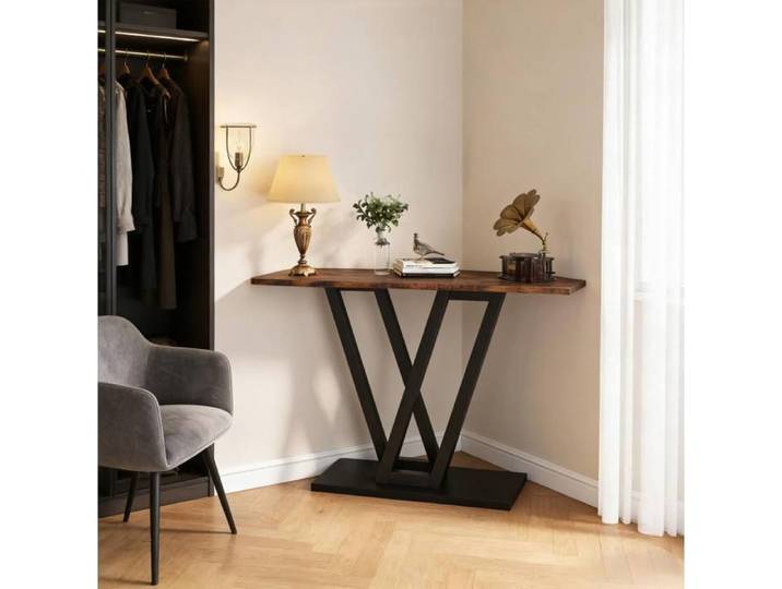 ROVRYN table console etroite 110 x 30 x 80 cm avec pieds en V metal noir et plateau aspect bois marron rustique