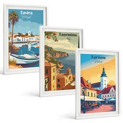 BILDER SET 3er Set - 40x60 cm Weißer Rahmen - Ansichten von Küstenstädten
