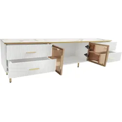 OKWISH TV-Schrank 170x37x47cm mit LED Beleuchtung, 4 Schubladen, 2 Türen, Marmormuster, gehärtetes Glas, Aluminiumrahmen, Weiß Golden