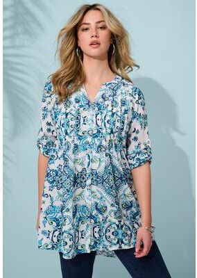 Plus Size Women's Plus Size Pintuck Tunic Blouse - Y-Neck & Roll-Tab Sleeves by Roaman's in White Turquoise Stencil Floral (Size 16 W) Button Down Tu
