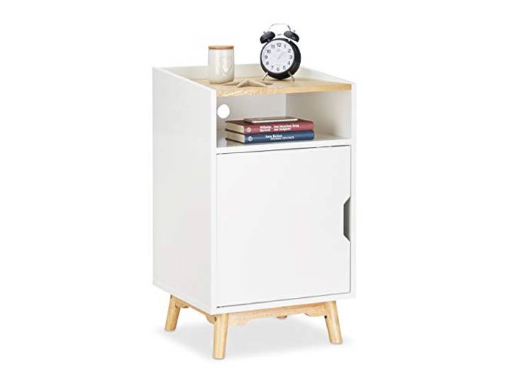 Relaxdays Table de Chevet avec Porte\, 4 Pieds en Bois de pin\, Blanc design scandinave\, compartiment ouvert\, table de chevet 74 x 43 x 40 cm