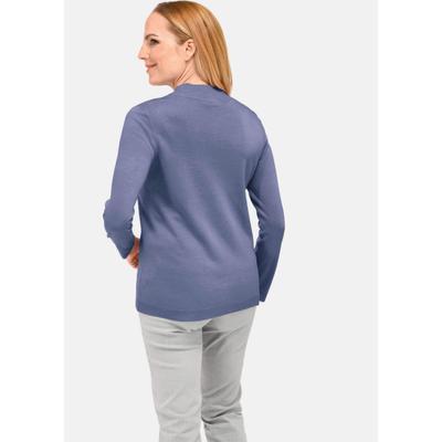 Rundhalspullover GOLDNER "Eleganter Ajourpullover mit Stehbund", Damen, Gr. 46, blau (rauchblau), Obermaterial: 100% Polyacryl PAN., eng, Pullover Rundhalspullover, aufwendiger Ajourstrick in Zopfoptik