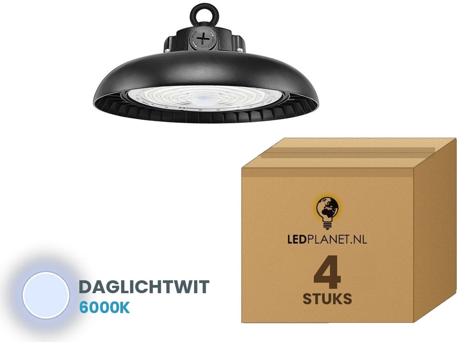 Tsong UFO LED High Bay Werkplaats- en Garageverlichting, 4 stuks, 200W, 41.000 lm, Daglichtwit 6000K, Instelbaar 120/160/200W, 0-10V Dimbaar, IP65