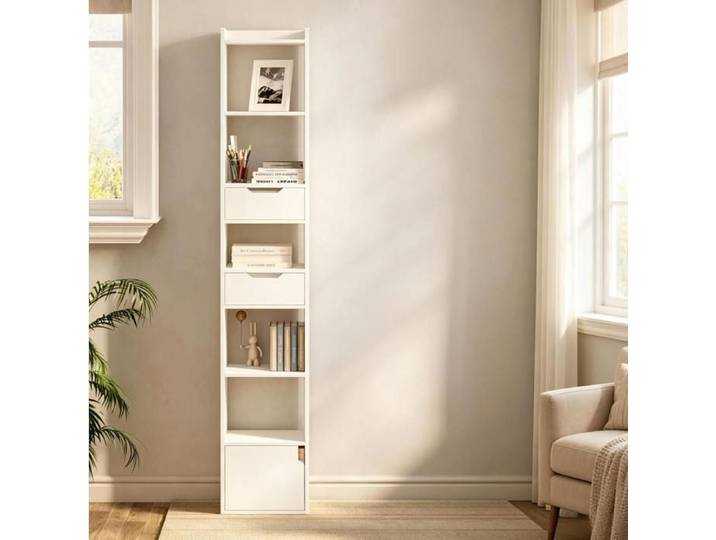 Bibliothèque étroite avec 6 étagères ouvertes 2 tiroirs et 1 porte bois mélaminé blanc 33×24×181 cm - UVRION