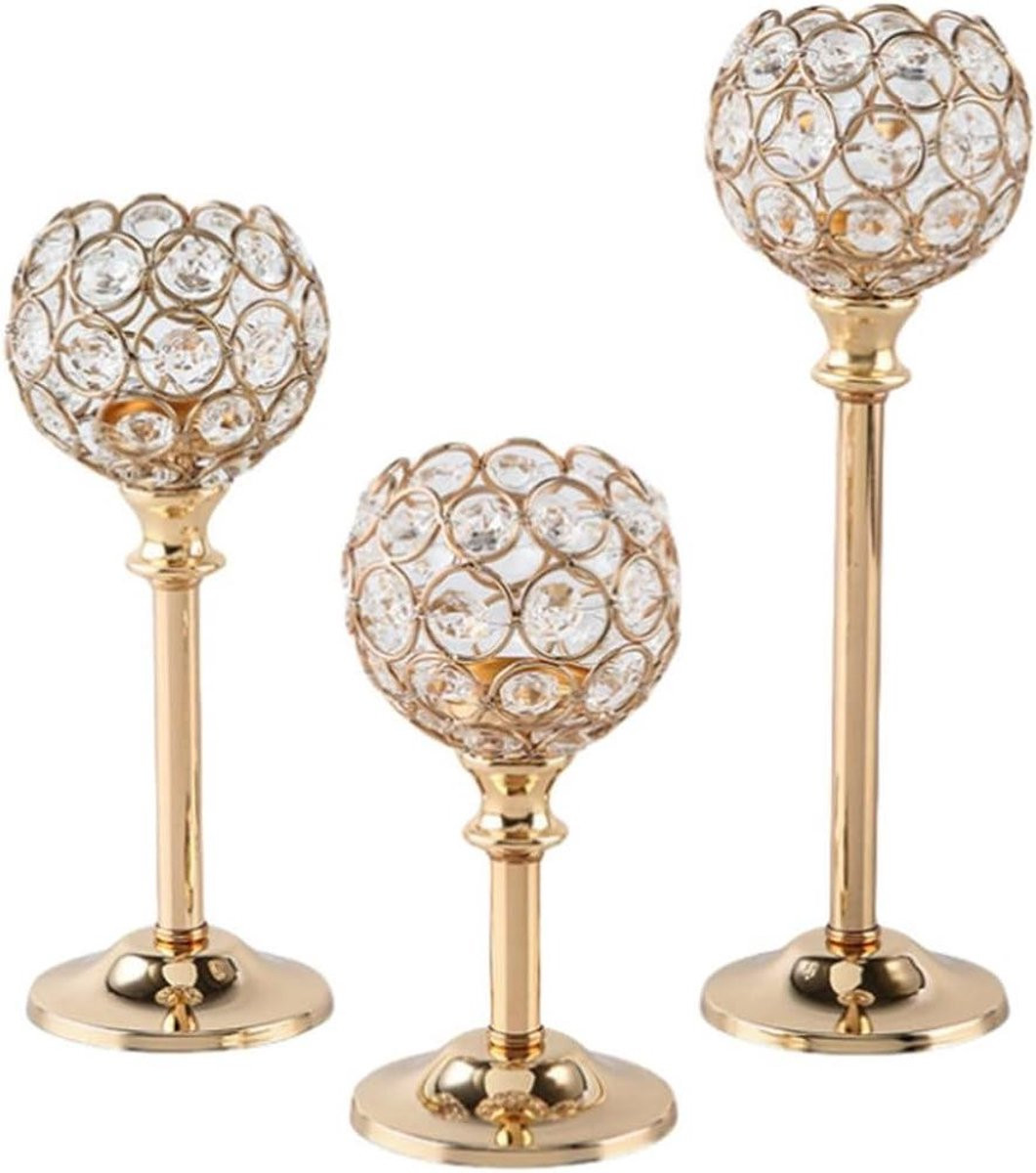 Set van 3 kristallen kandelaars in goud voor kaarsen, H x B x D: 27 x 17 x 17 cm, 22 x 17 x 17 cm en 17 x 17 x 17 cm