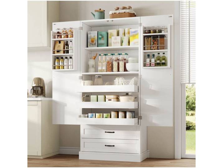 Armoire Haute Cuisine MDF Blanc Buffet Rangement FloraGrace Pour Cuisine 3 Tablettes Et 2 Tiroirs 80x38x180cm
