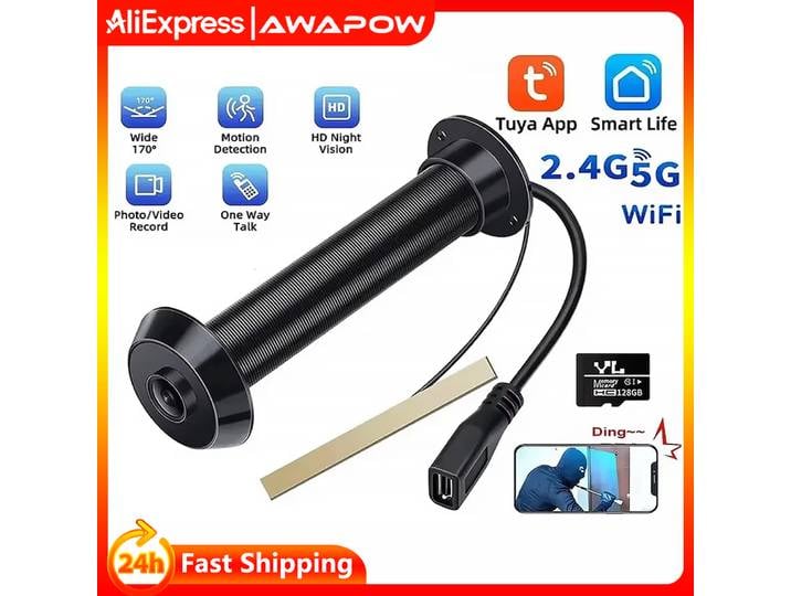 Awapow Tuya visionneuse de judas de porte sonnette vidéo Wifi intelligente 2.4G/5G Mini caméra 170 ° Vision nocturne angulaire Détection de mouvement 1080P