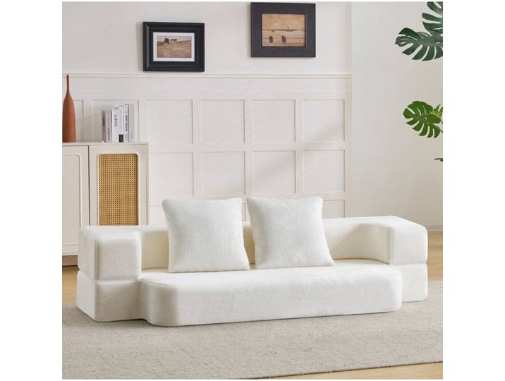 MEUBLIV Canapé convertible 2 places blanc crème sans montage avec 2 coussins
