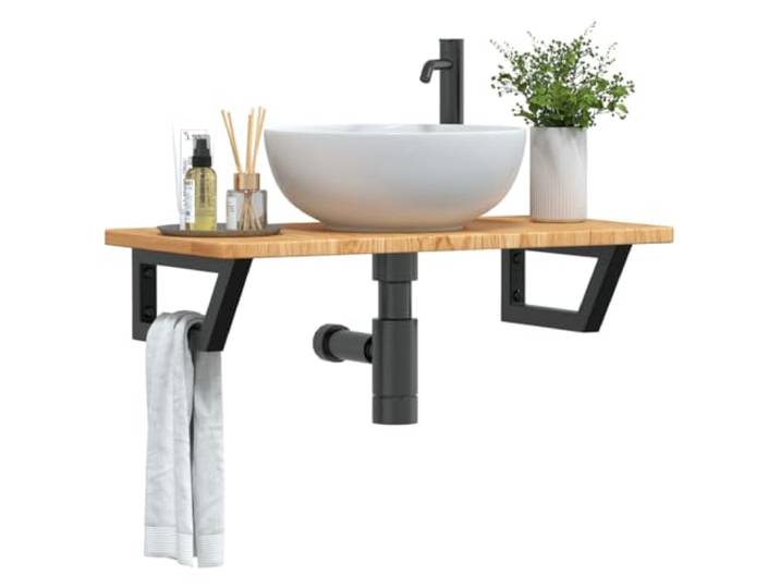WXGTBKPR Waschtischplatte 80 x 40 x 2,5 cm mit Stahlhalterung, Eichenholz Waschtisch Konsole Wandmontage, Trapezförmig, Hellbraun/Schwarz