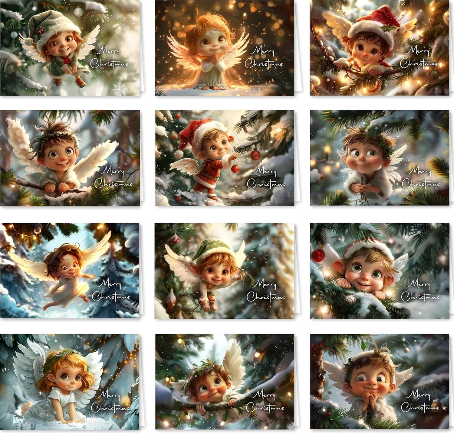 Set van 12 glanzende kerstkaarten met enveloppen