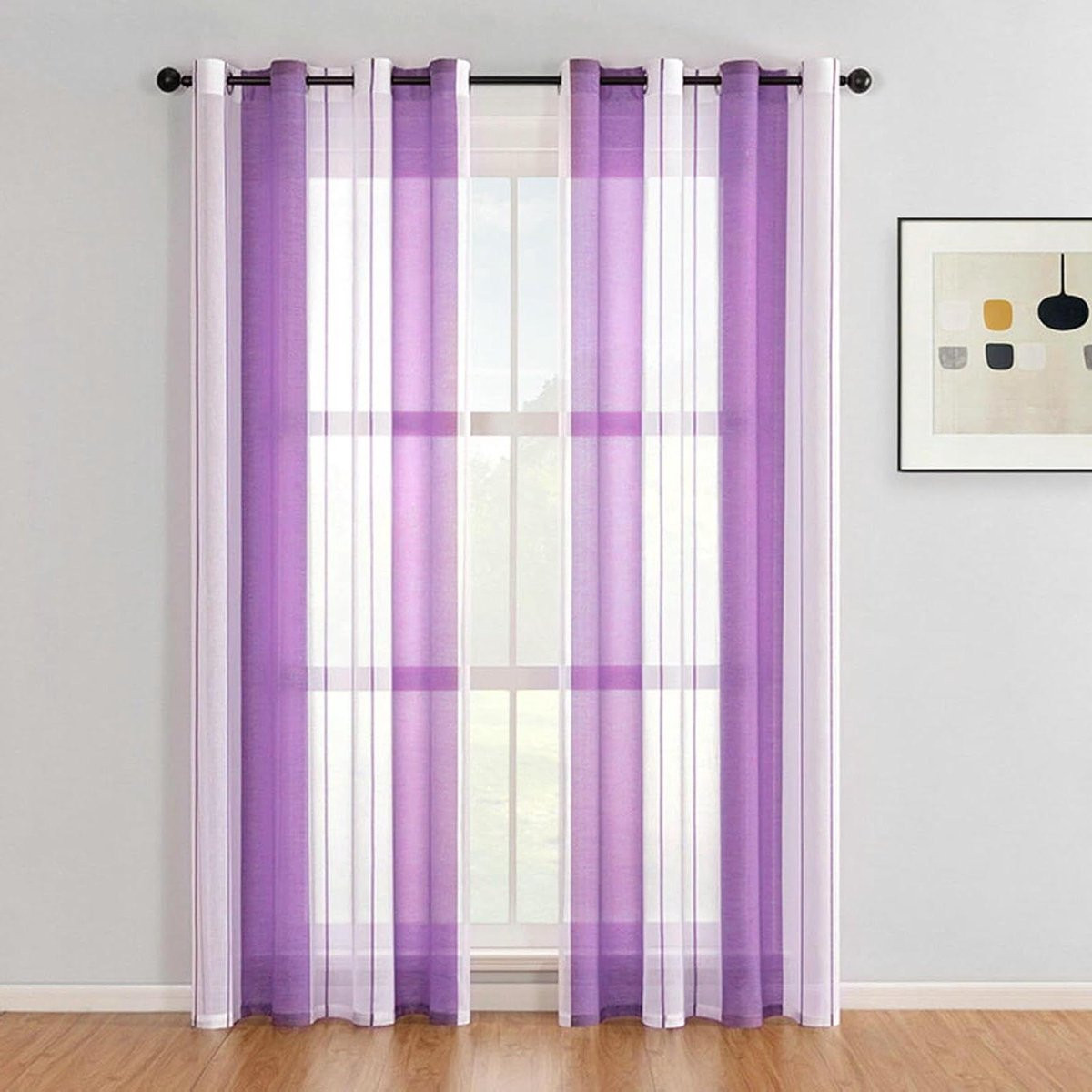 Lichtdoorlatende Gordijnen Set Paars Wit Gestreept - Semi-transparant - 86 x 214 cm