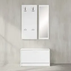KADIMA DESIGN Wandgarderobe DELFT mit Spiegel: Weiß, Platz für 8 Paar Schuhe, 10 Metallhaken, Melaminharzbeschichtung
