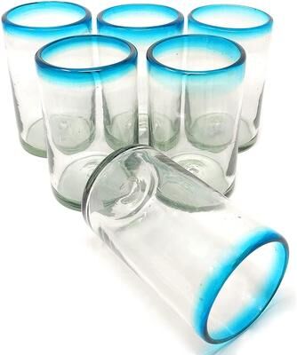 Dos Sueños Hand Blown Mexican Drinking Glasses - Set of 6 Glasses with Aqua Rims (14 oz each)