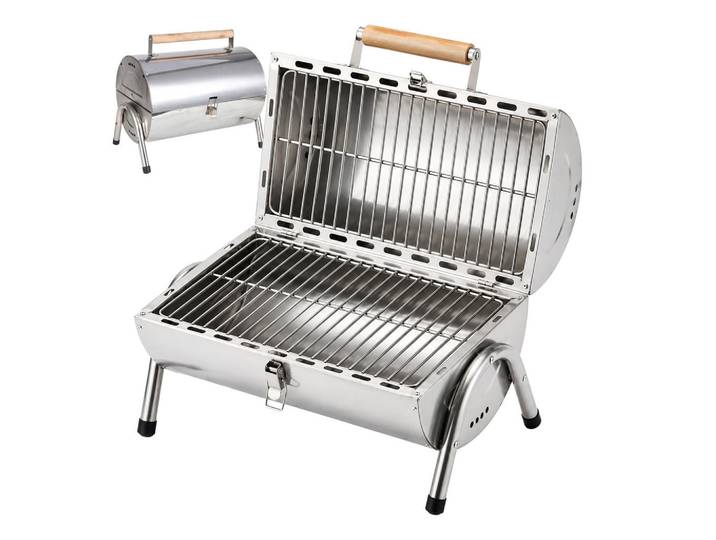 Relaxdays Tischgrill Silber Holzkohle klappbar mit Deckel 2 Grillflächen, Silberfarben, Metall, Holz, 41.5x35x24.5 cm, Grillen, Grills, Holzkohlegrill