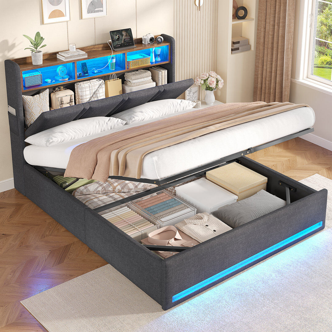 17 Stories Annalysse 90x190 cm Single Bed with Lift-up Storage, Adjustable LED lights, Charging station, Open shelving, Dark Grey Dark Grey Double-135x190 cm