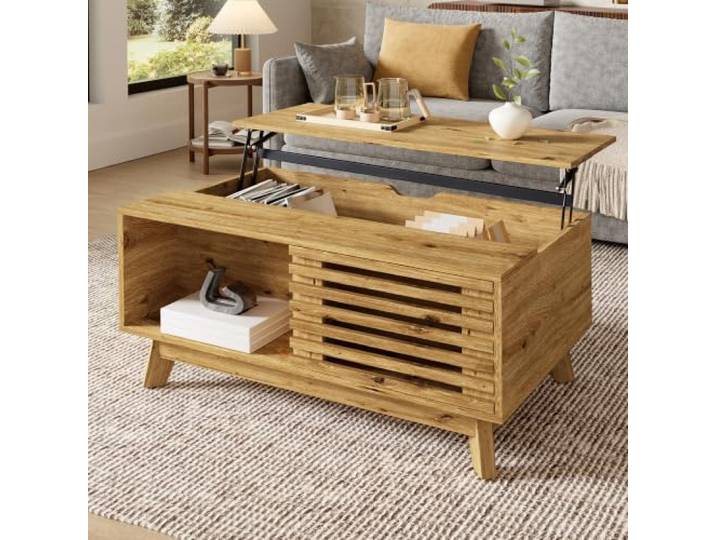 Crlnaup Couchtisch Modern Retro, höhenverstellbare Tischplatte, verschiebbare Jalousietür, Holz-Optik, MDF-Korpus, multifunktionaler Wohnzimmertisch