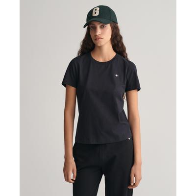 T-Shirt GANT "REG SHIELD KA T-SHIRT", Damen, Gr. L, schwarz, Jersey, Obermaterial: 100% Baumwolle, unifarben, normal hüftlang, Rundhals, abgesteppt, Shirts T-Shirt, mit einer kleinen aufgestickten Wappen-Grafik auf der Brust