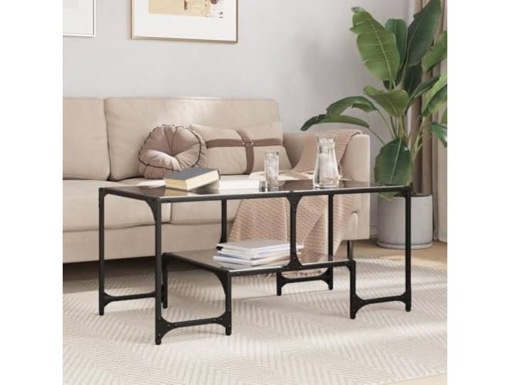 HEFZGDB Couchtisch mit Glasplatte Schwarz 98,5x50x45 cm Stahlgestell, robuster Wohnzimmertisch mit Edelstahlrahmen, langlebiges Design für Snacks und Deko, Pflegeleichte Oberfläche,