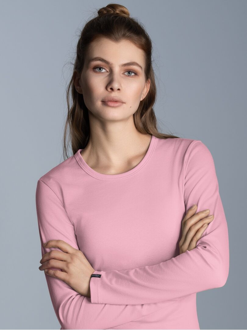 Longsleeve TRIGEMA "TRIGEMA Langarmshirt", Damen, Gr. XS, rosa (lilie), Feinstrick, 95% Baumwolle, 5% Elasthan, Basic, lang, Rundhals, Shirts Longsleeve lilie XS