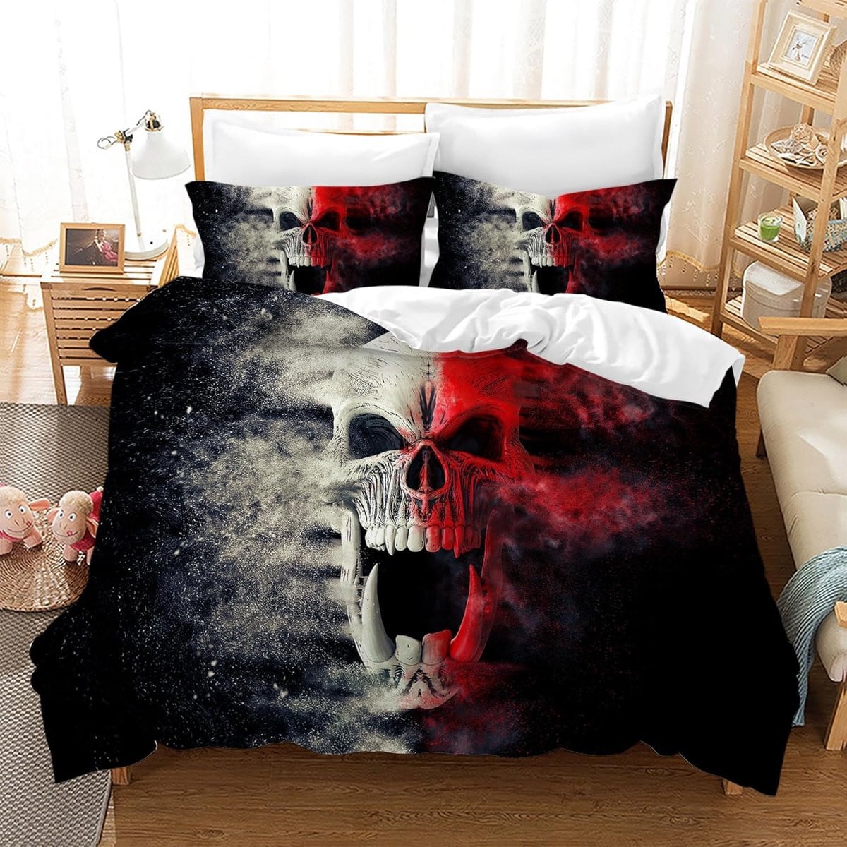 Dekbedovertrek Set met 3D Schedel Design - Gothic Beddengoed - 220 x 240 cm - Kl3