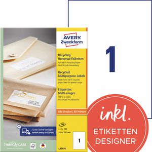 Zweckform LR3478 Etiketten 210 x 297mm Recycling, 100 Stück