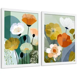POSTER 2er-Set dekorative Badezimmerdrucke, moderne florale Wandposter für Waschbecken, Dusche, abstrakte florale, nordischer Stil Weißer Rahmen A3
