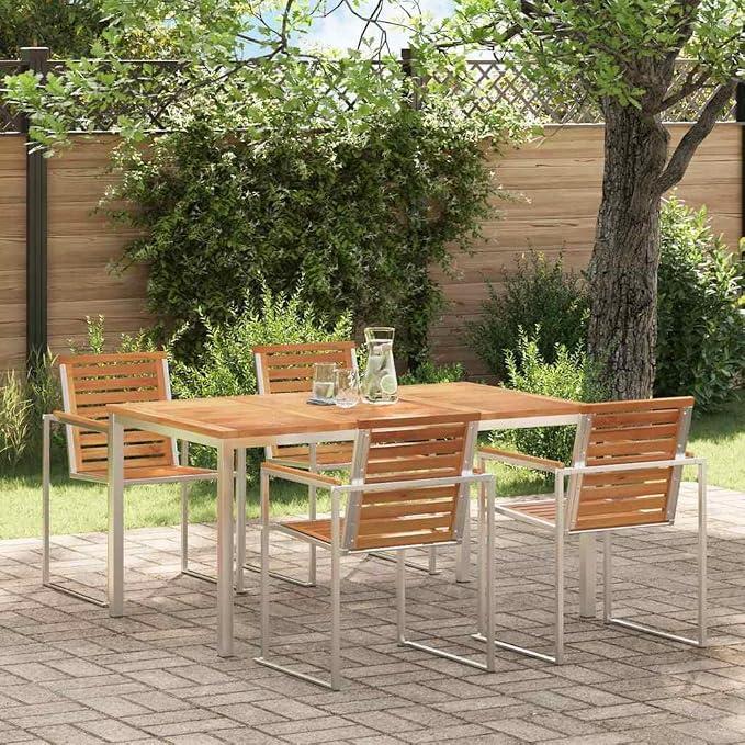 Esstisch aus massivem Teakholz und Edelstahl, 150 x 90 x 75 cm Gartentisch für Terrasse, Balkon und Außenbereich, wetterfest, pflegeleicht, Platz für Essen und Getränke