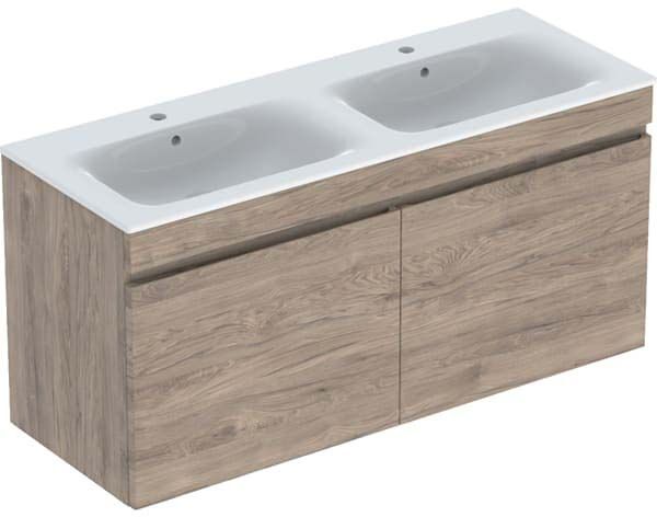 Geberit Renova Plan set de lavabo double 501918JR1 130x62,2x48cm, corps noyer revêtu, lavabo blanc