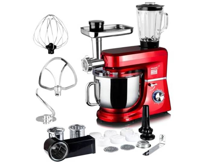 Koliber ROBOMAX X 3500W Küchenmaschine Multifunktion 8L Fleischwolf Mixer Gemüsereibe Knetmaschine Planetenmischer 6 Stufen Pulse Vollmetall Mechanik FASTLOCK Küchenmixer Rot