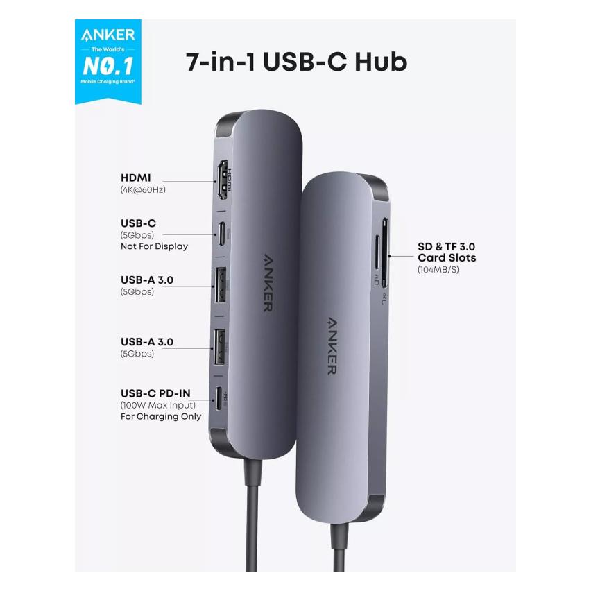 Acer Dokovací stanice 7v1 Anker Nano 100W 2xUSB-C, 2xUSB, 1xHDMI, SD/microSD slot šedá (USB-C, 7 Ports) (A83D2HA1)