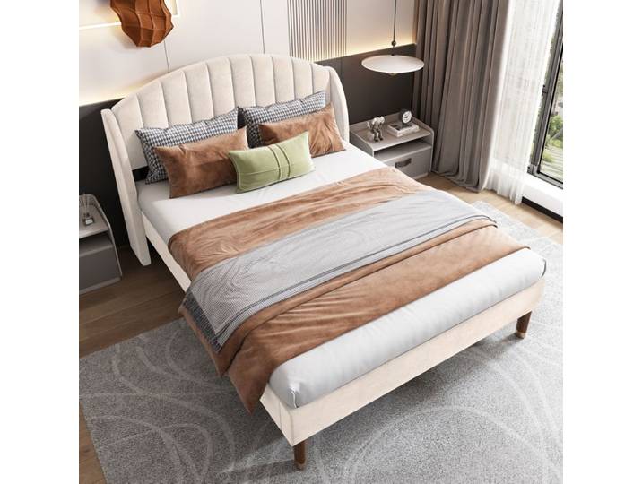 Sommier à lattes - ZEVKOR - 140×190 - Tête de lit rembourrée - Velours beige - Barre centrale stabilisatrice