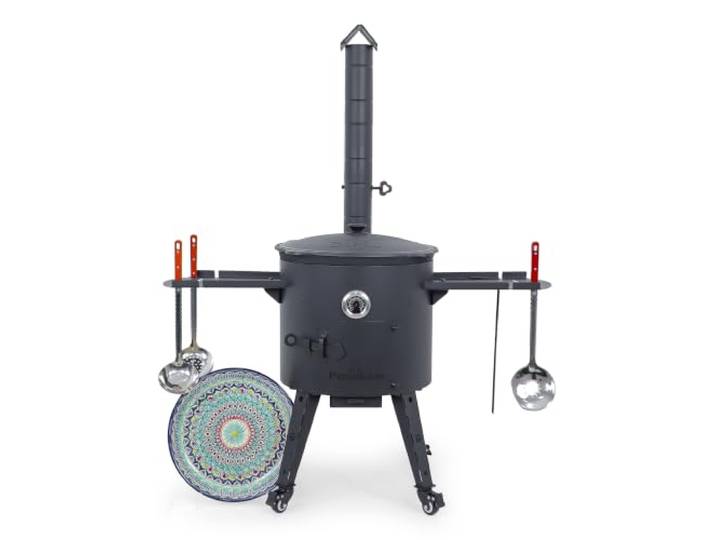 16L Kazan Gusseisen mit Utschak Ø 44cm Feuerofen fahrbar mit Lagan Teller Outdoor Feldküche, Kasan mit flachem Boden, Kamin, 2 Ablagen, Bremsrollen, Aludeckel, Rischtan Servierplatte & 3 Schaumlöffel