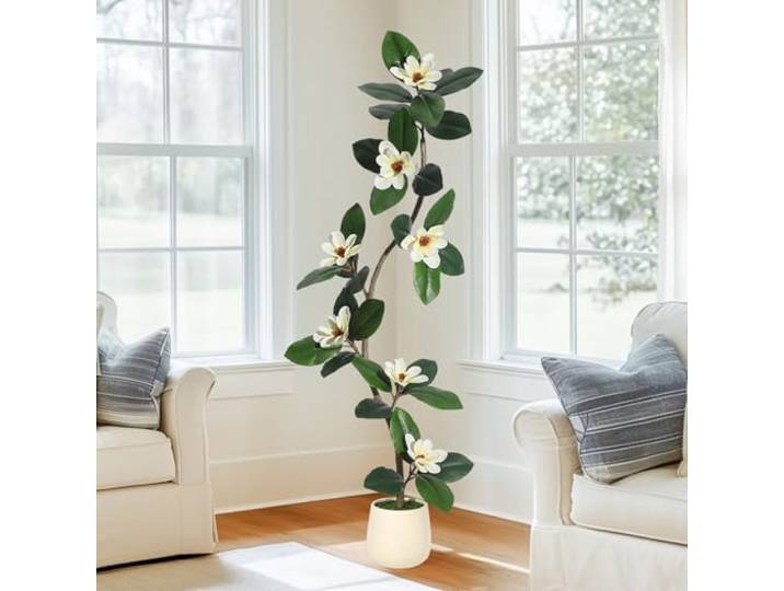 Garvee 7 ft Künstlicher Pflanzen 210 cm mit Weiß Topf, Künstlicher Magnolien Mit 8pcs Blüten Künstlicher Pflanzen Große Indoor Outdoor Haus Büro Garten Moderne Dekoration Housewarming Geschenk