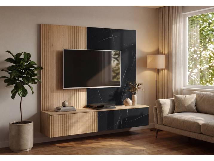 ASM-Moebel Wohnwand Wohnwand Anbauwand Schrankwand NOIR I mit Push - Click System, Mit Push-Click System