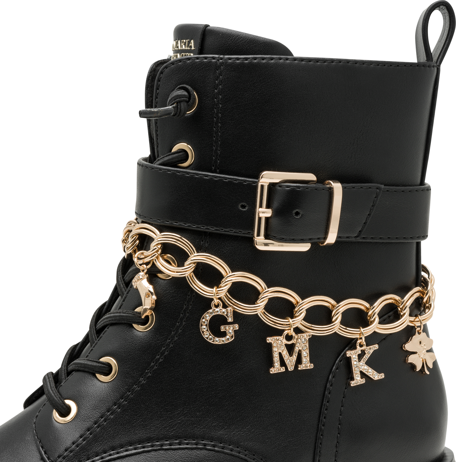 Schnürstiefelette MARCO TOZZI BY GMK, Damen, Gr. 36, Textil, schwarz, Lederimitat, Schuhe Schnürstiefelette, Blockabsatz, Schnürboots mit edler Zierkette mit GMK-Lettern
