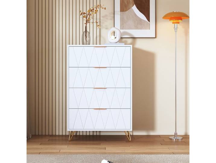 Commode à quatre tiroirs 60x34x90 cm surface à motif losanges meuble de rangement blanc