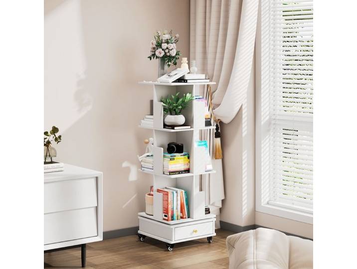 Bibliotheque rotatif en bois à Trois Niveaux-Étagère rangement avec roues et tiroir-Meuble bibliotheque mobiles