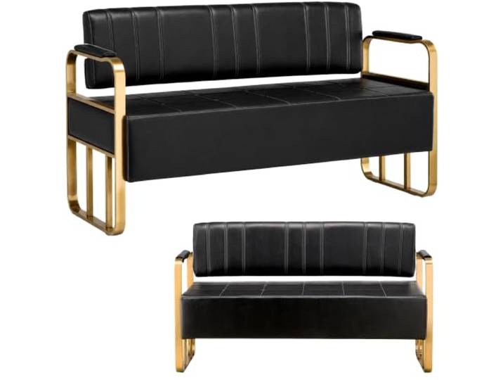 Calissimo 2-Sitzer Sofa, schwarzes Kunstleder, Goldener Rahmen, 140 cm – Couch für Salon, Wartezimmer und Praxis