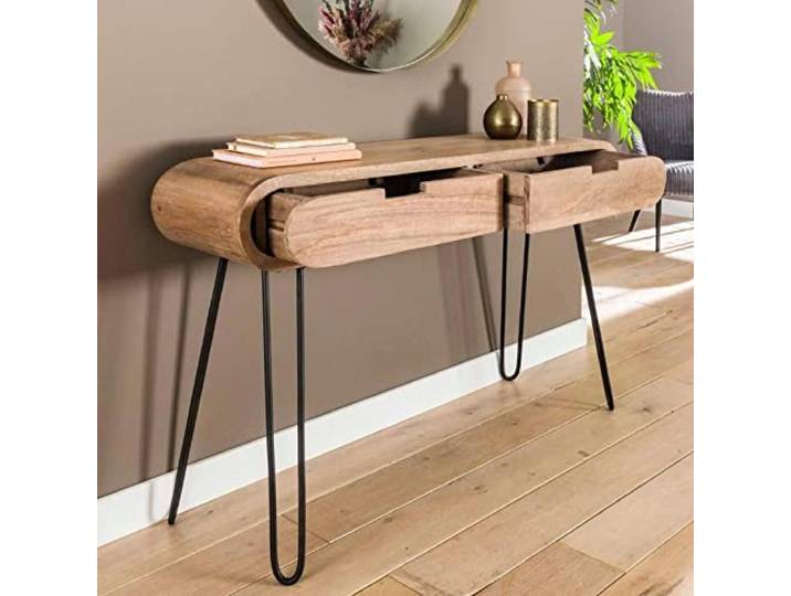 RINGO-Living Massivholz Konsolentisch mit Schubladen, für Wohnzimmer & Schlafzimmer, Hochtisch Büro, Schminktisch schmal, Vintage Industrial, Sideboard Holz Massiv
