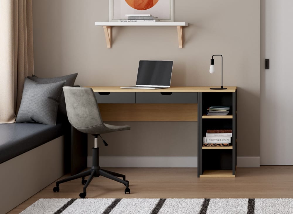 Nateo Concept Bureau avec 2 tiroirs et caisson Ardoise et Chêne Noir 140x75x55cm