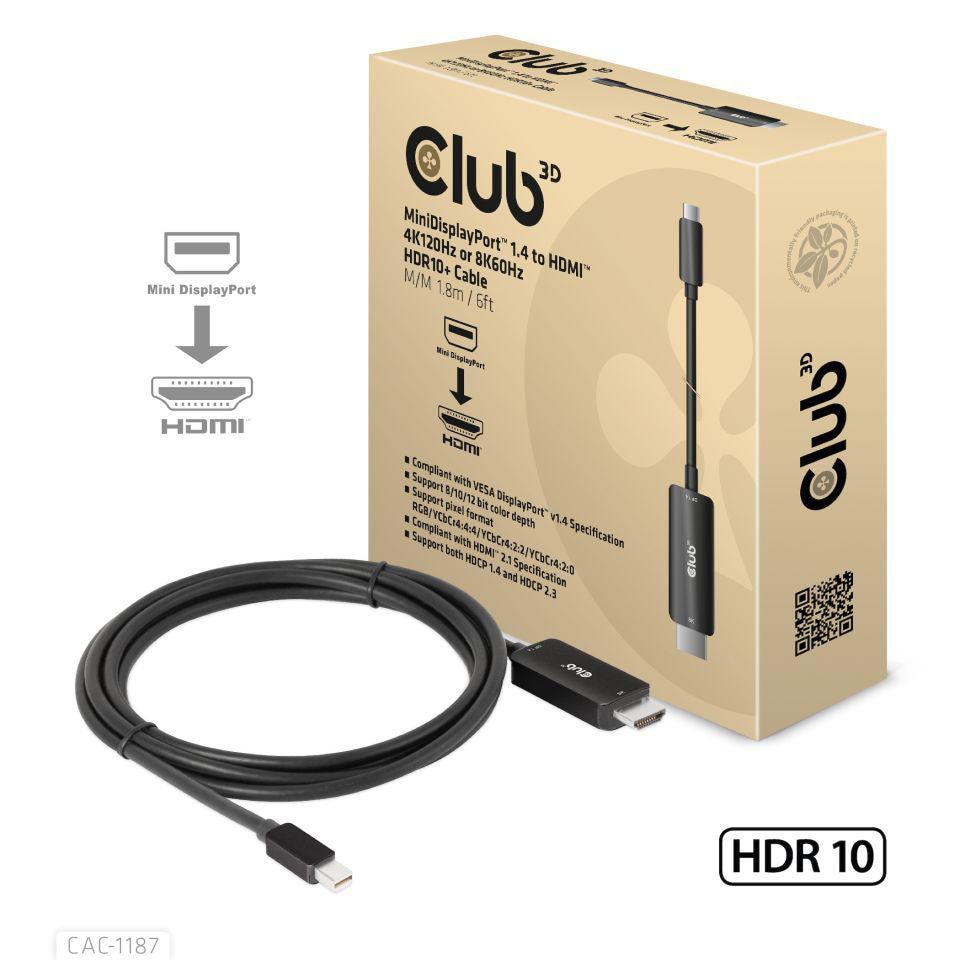 Club3D Club 3D MiniDP 2.1 zu HDMI 4K120Hz oder 8K60Hz HDR10+ St./St. 1,8m schwarz CAC-1187