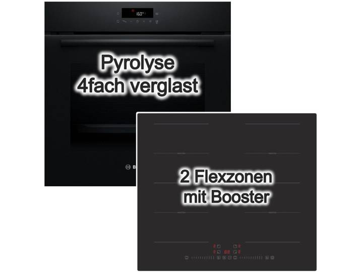 BOSCH Backofen-Set Pyrolyse 3D Heißluft + PKM Induktionskochfeld Flexzonen Slider, Pyrolyse-Selbstreinigung Hydrolyse