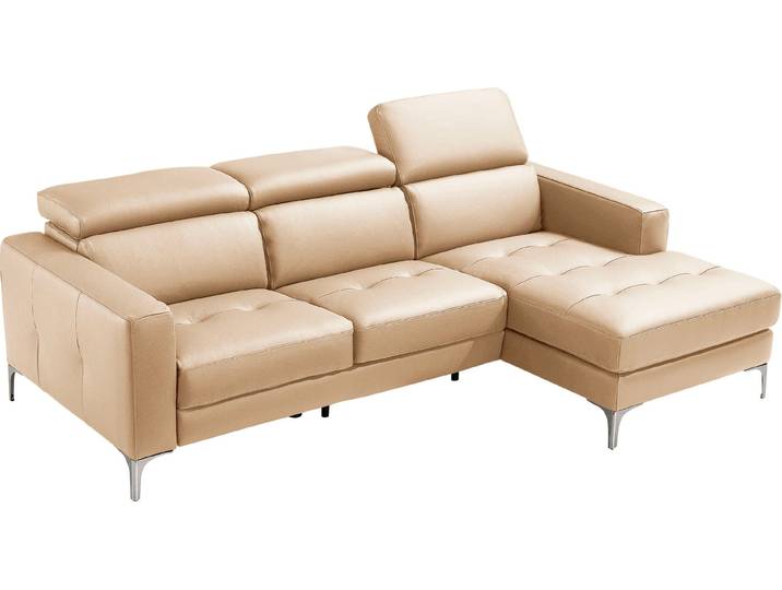 Ecksofa EGOITALIANO Matt, erstklassiger Sitzkomfort, aufwendige Detailverarbeitung, L-Form , beige (champagner), B:247cm H:100cm, Leder »BULL« (echtes Rindsleder). Geschliffenes, pigmentiertes und behandeltes Rindsleder mit einer Dicke von 1, 3-1, 5 mm. Dieses Leder zeigt eine ziemlich weiche Hand mit einem halb undurchsichtigen Aussehen. Es handelt sich um ein geschütztes Leder. Eine leichte Deckschicht schützt sie vor Flecken, ohne ihre ursprünglichen Eigenschaften zu verändern. Die geschützten Leder kombinieren die Vorteile von Natürlichkeit und Weichheit mit einer guten Beständigkeit gegen Verschleiß und Ausbleichen. Das Vorhandensein der charakteristischen Zeichen, die das Leben des Tieres bestimmen, wie Narben, Körnungsunterschiede, Falten, Adern, Disharmonien in Farbtönen, beweisen ihre absolute Echtheit und großen Wert., Sofas, Ecksofa, mit verstellbaren Kopfteilen zum Relaxen